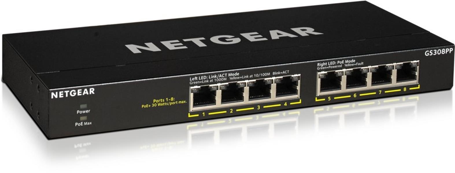 Netgear GS308PP Unmanaged Gigabit Ethernet (10/100/1000) Zwart Power over Ethernet (PoE)
